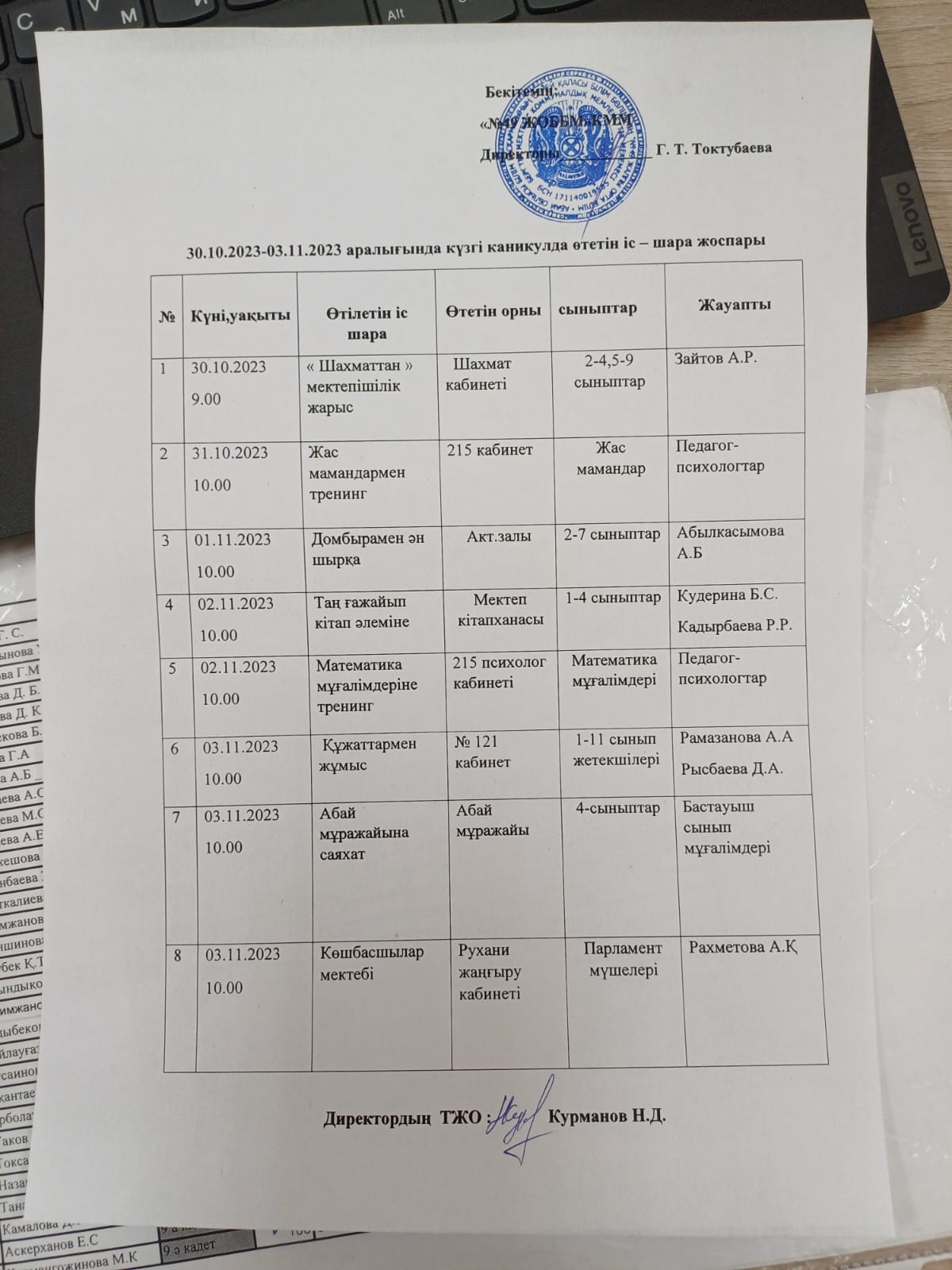 Күзгі каникулда өтетін іс-шара жоспары